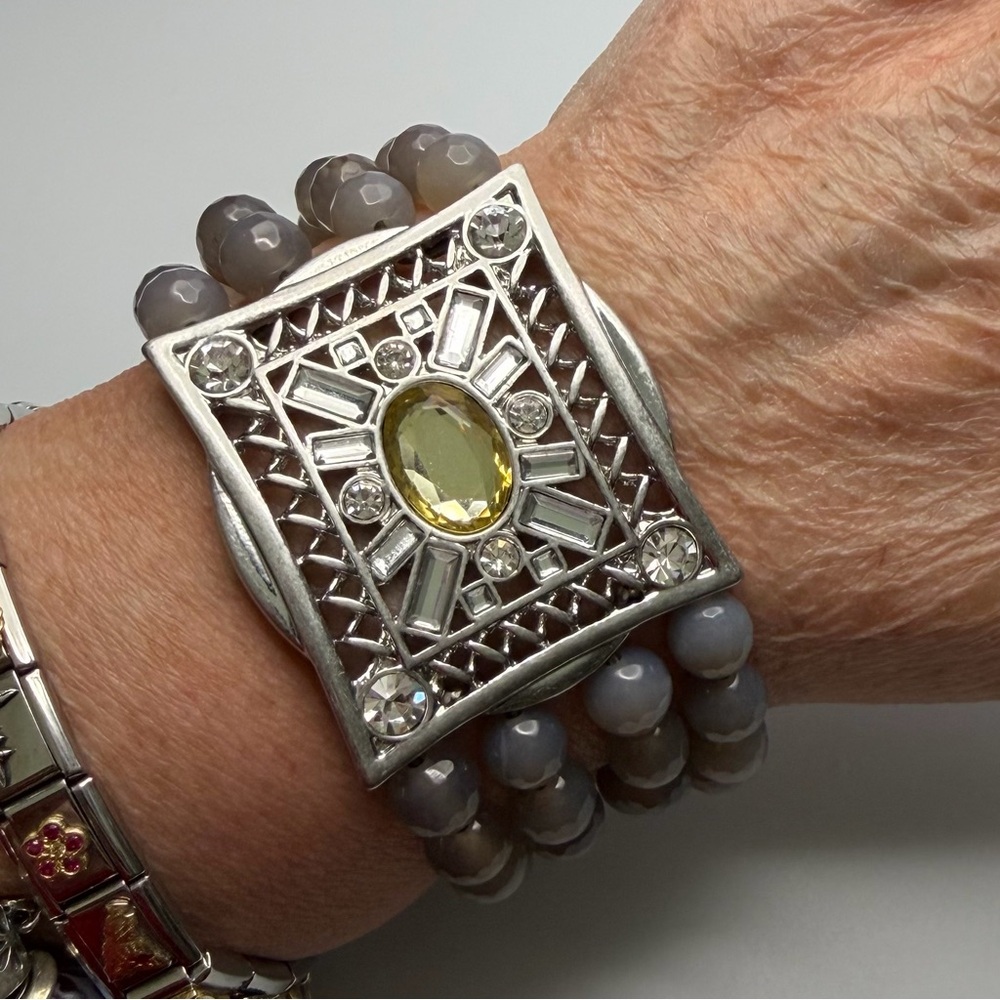 Lia Sofia Elegant Silver and Yellow Gemstone Stretch Bracelet 7-8.5”